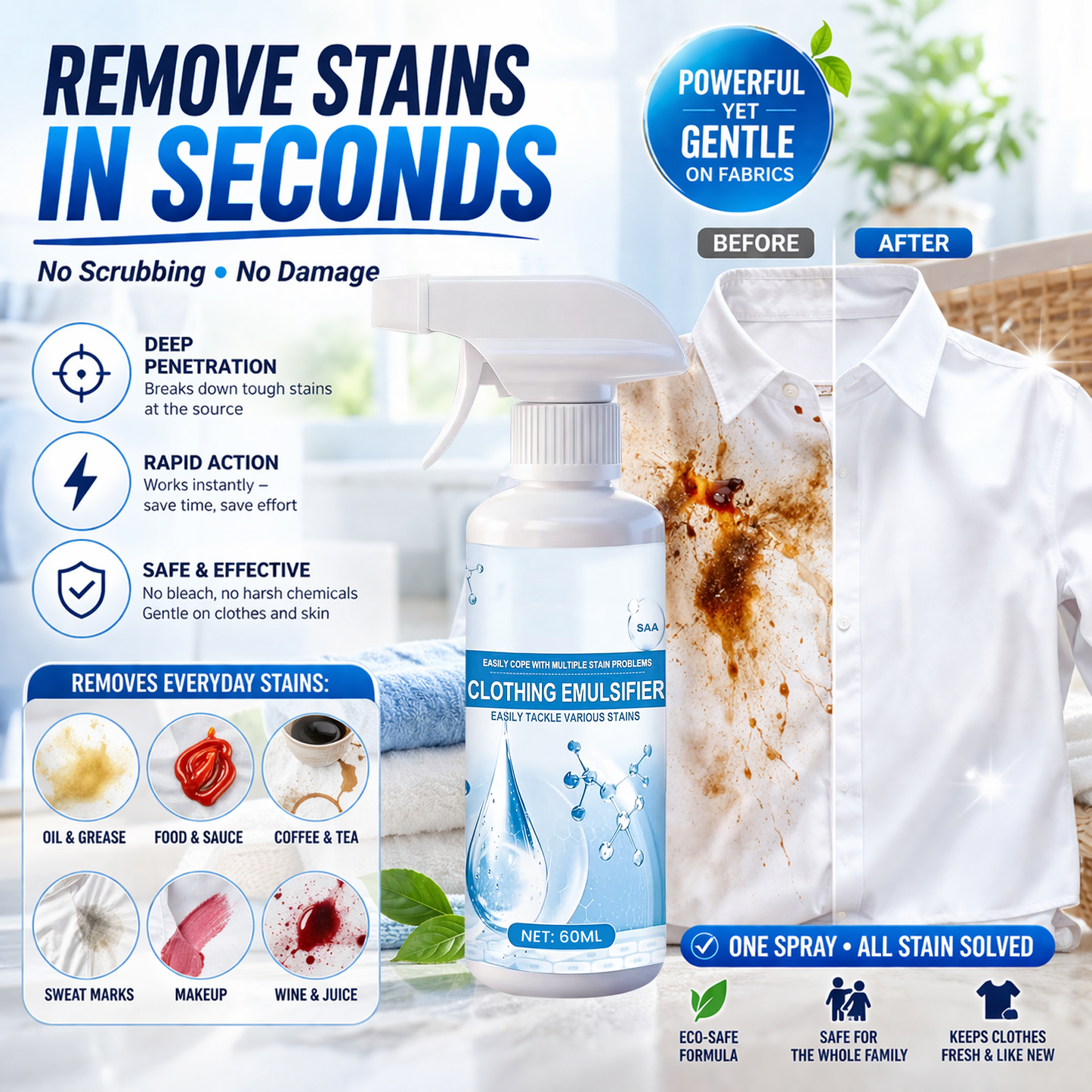 Vodlan™ Stain Remover Spray—Instant Multi-Surface Stain Fix for Clothes, Carpets & Furniture