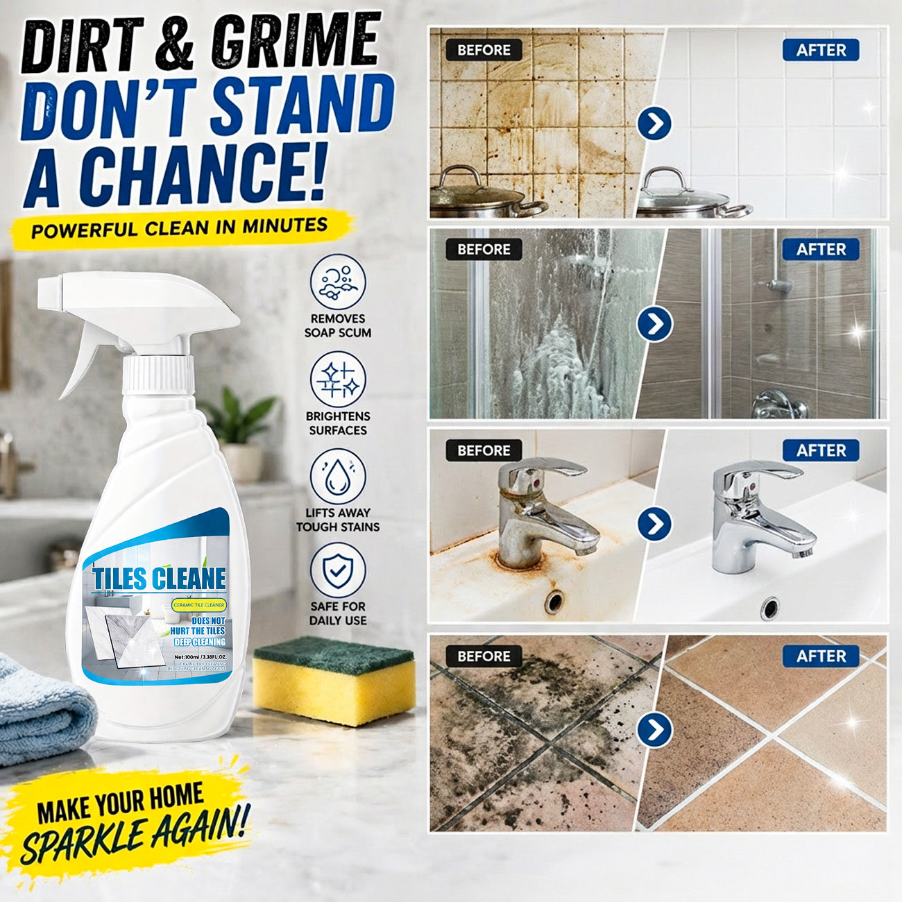 💦Vodlan™ Tile & Grout Cleaner Spray – Remove Deep Stains & Restore Clean Surfaces